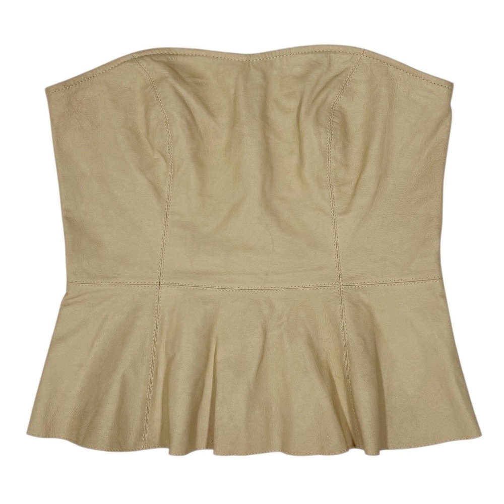 Beige Genuine Leather Peplum Corset Strapless Sweetheart Top